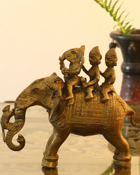Brass Elephant Ride with Ganesha and Riddhi Siddhi