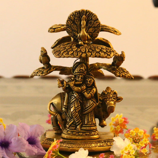 Brass Radha Krishna Idol Under Kalpavriksha