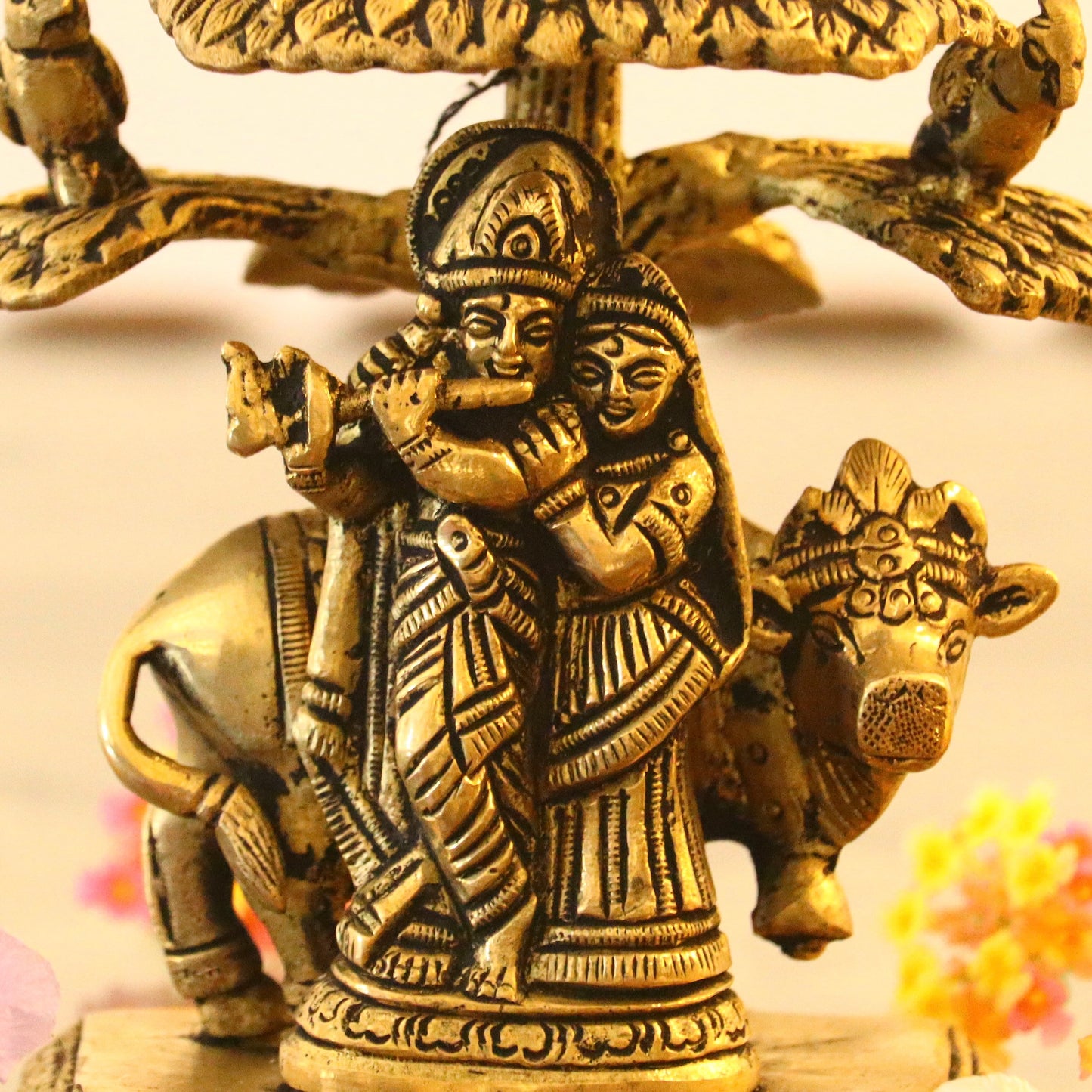 Brass Radha Krishna Idol Under Kalpavriksha