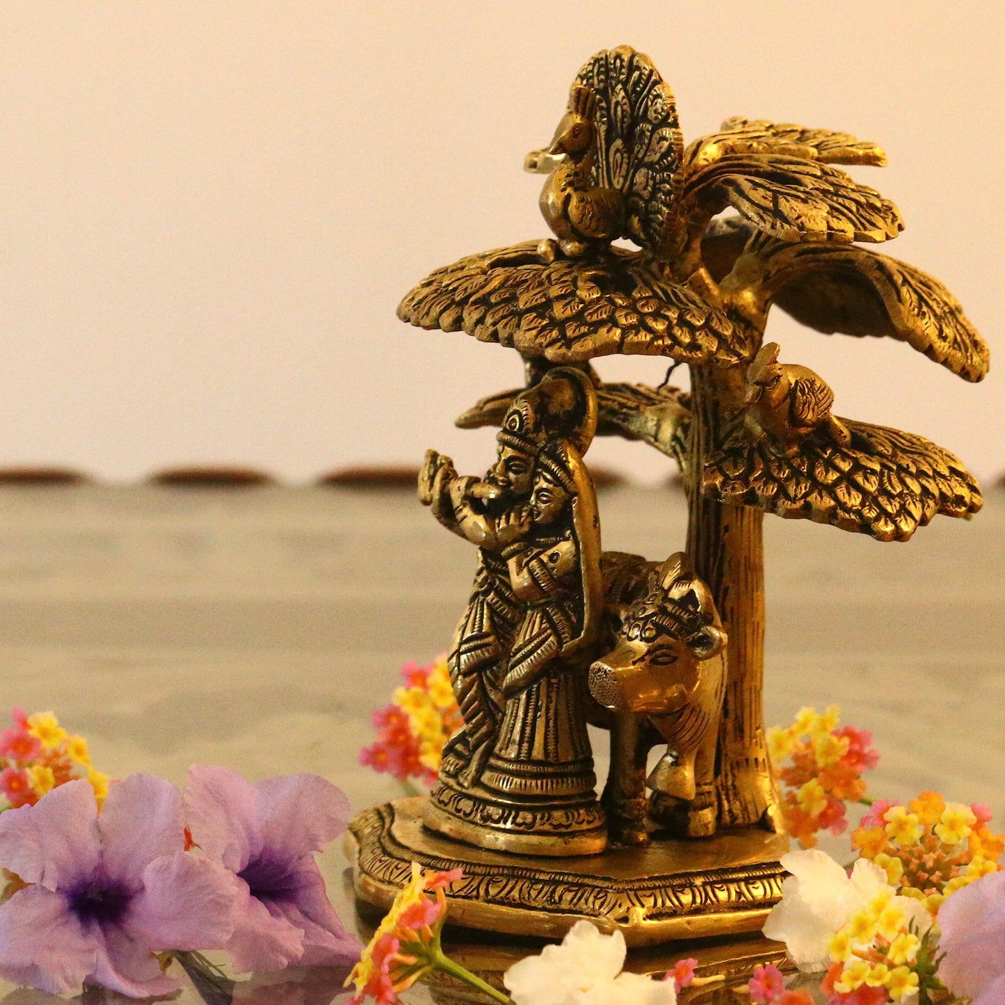 Brass Radha Krishna Idol Under Kalpavriksha
