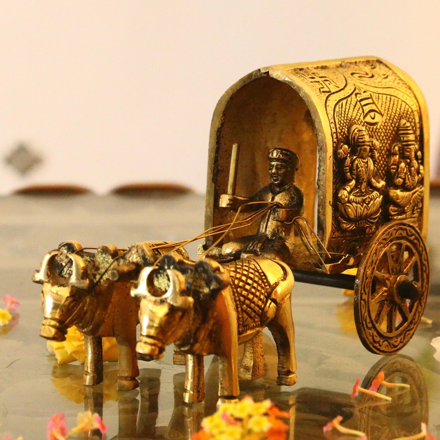Brass Bullock Cart Decor Engraved With Ganeshji and Lakshmiji