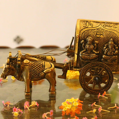 Brass Bullock Cart Decor Engraved With Ganeshji and Lakshmiji