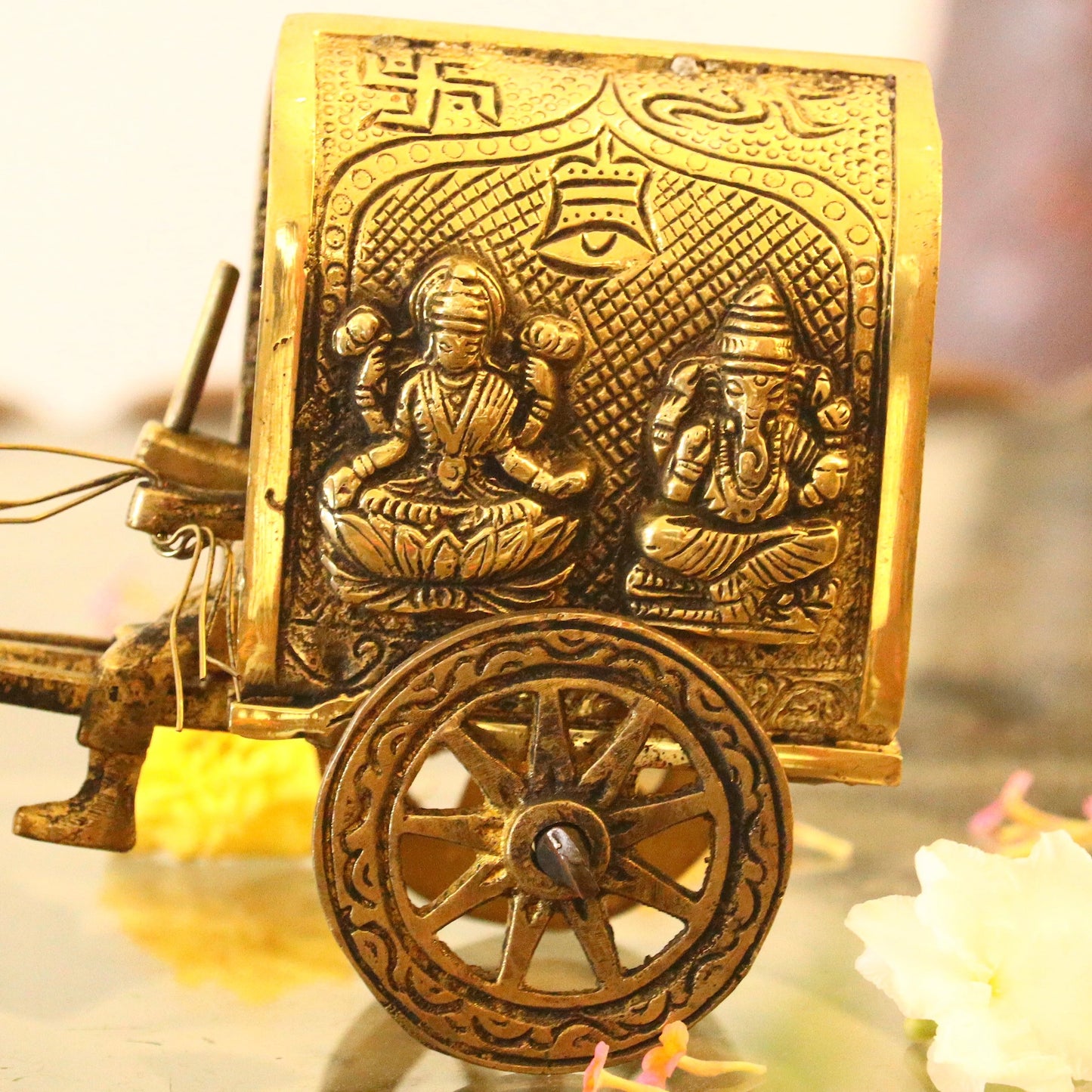 Brass Bullock Cart Decor Engraved With Ganeshji and Lakshmiji