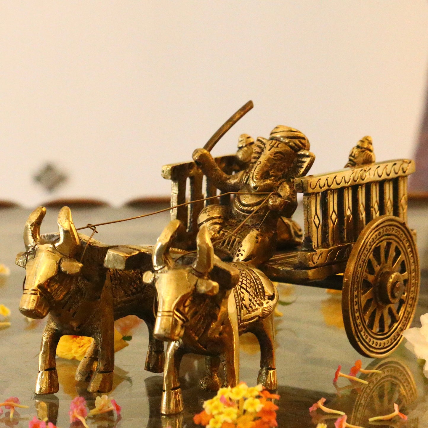 Brass Bullock Cart with Ganesha Figurine