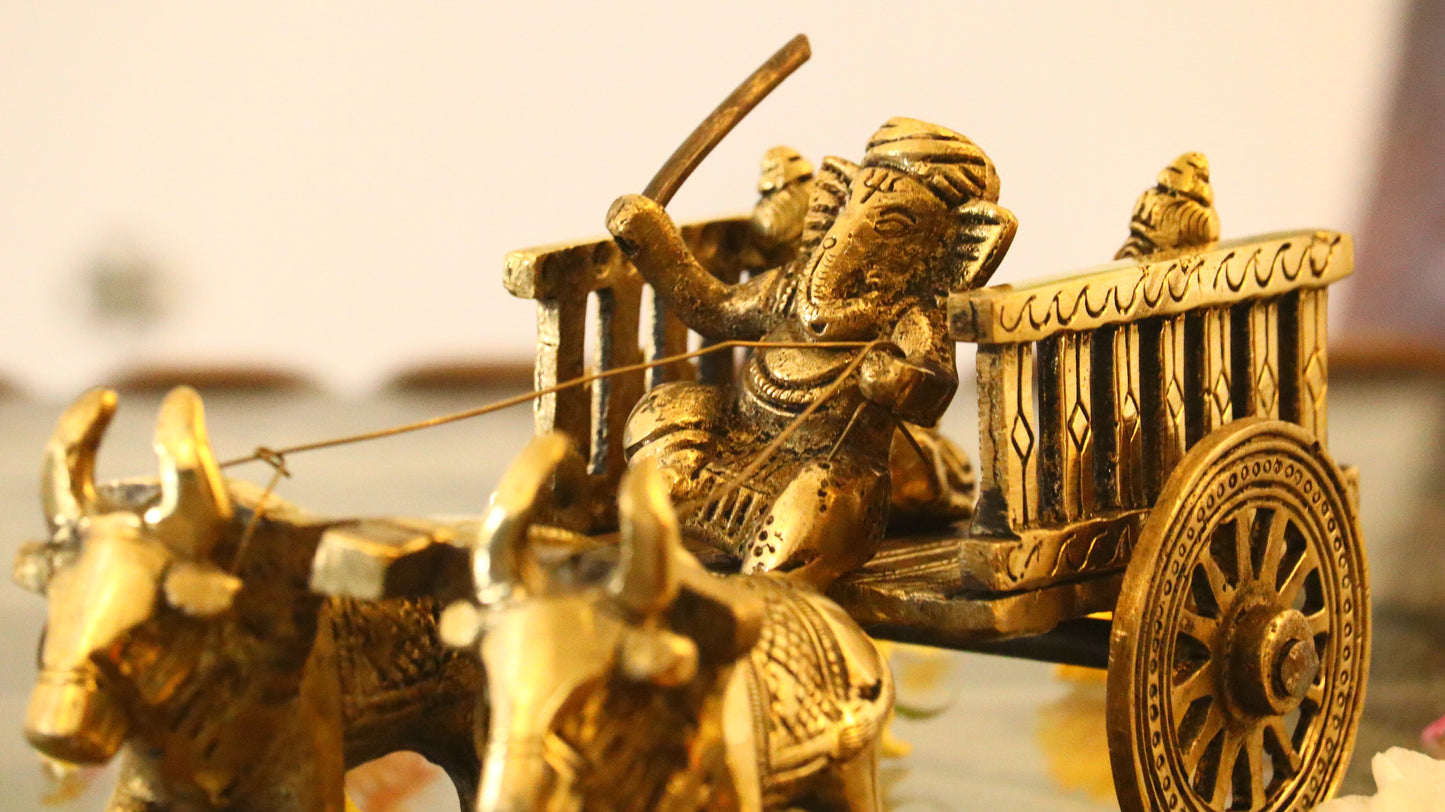 Brass Bullock Cart with Ganesha Figurine