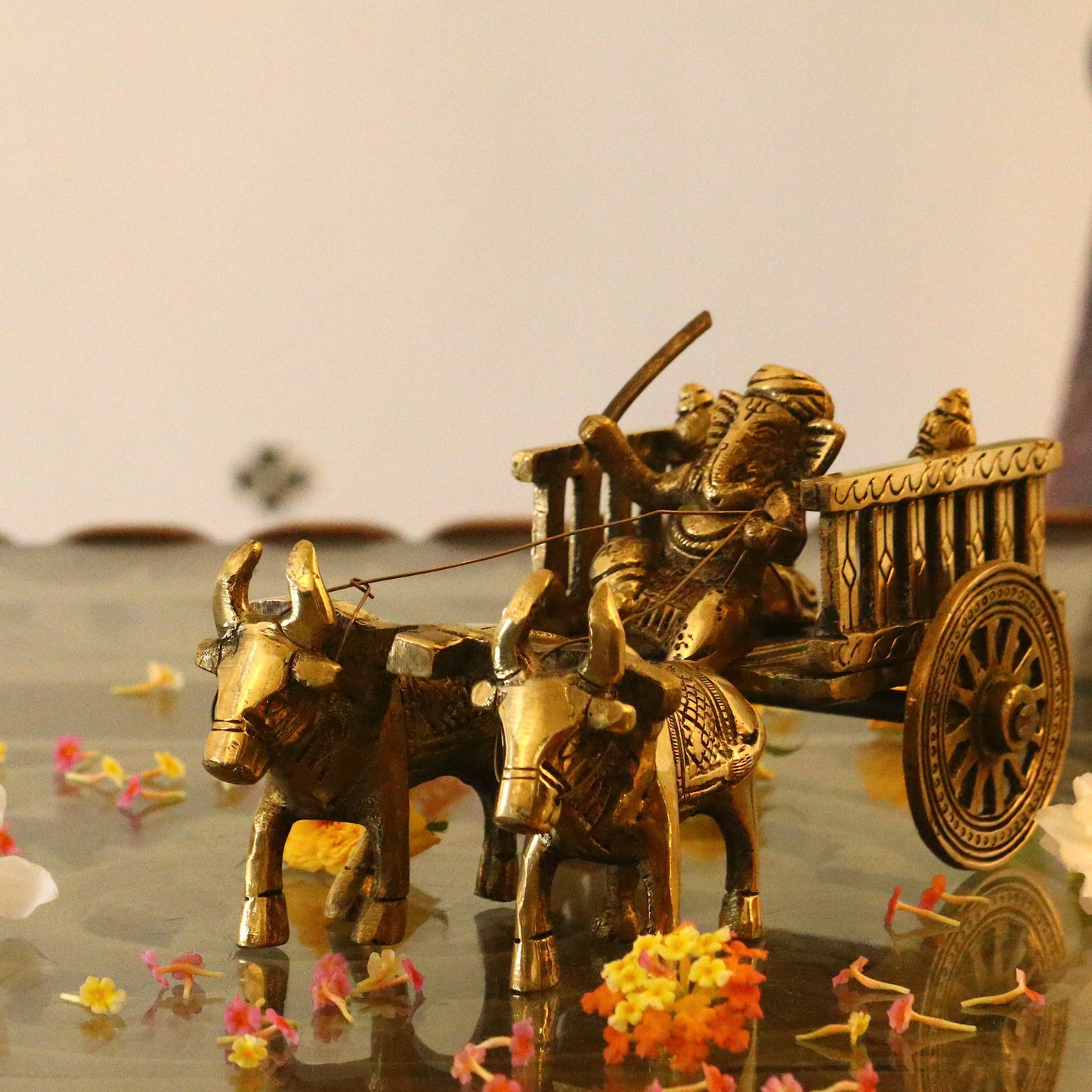 Brass Bullock Cart with Ganesha Figurine