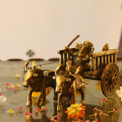 Brass Bullock Cart with Ganesha Figurine
