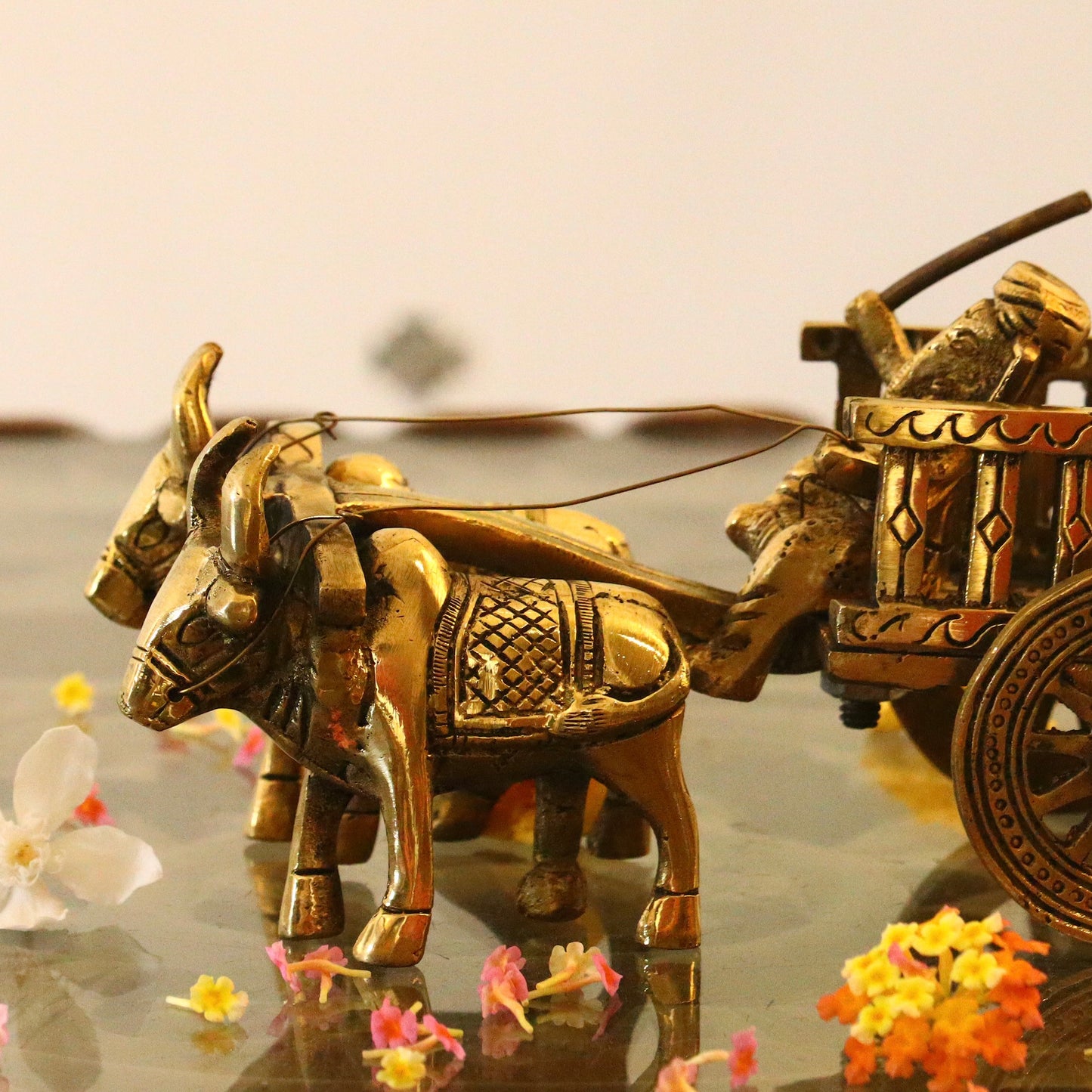 Brass Bullock Cart with Ganesha Figurine