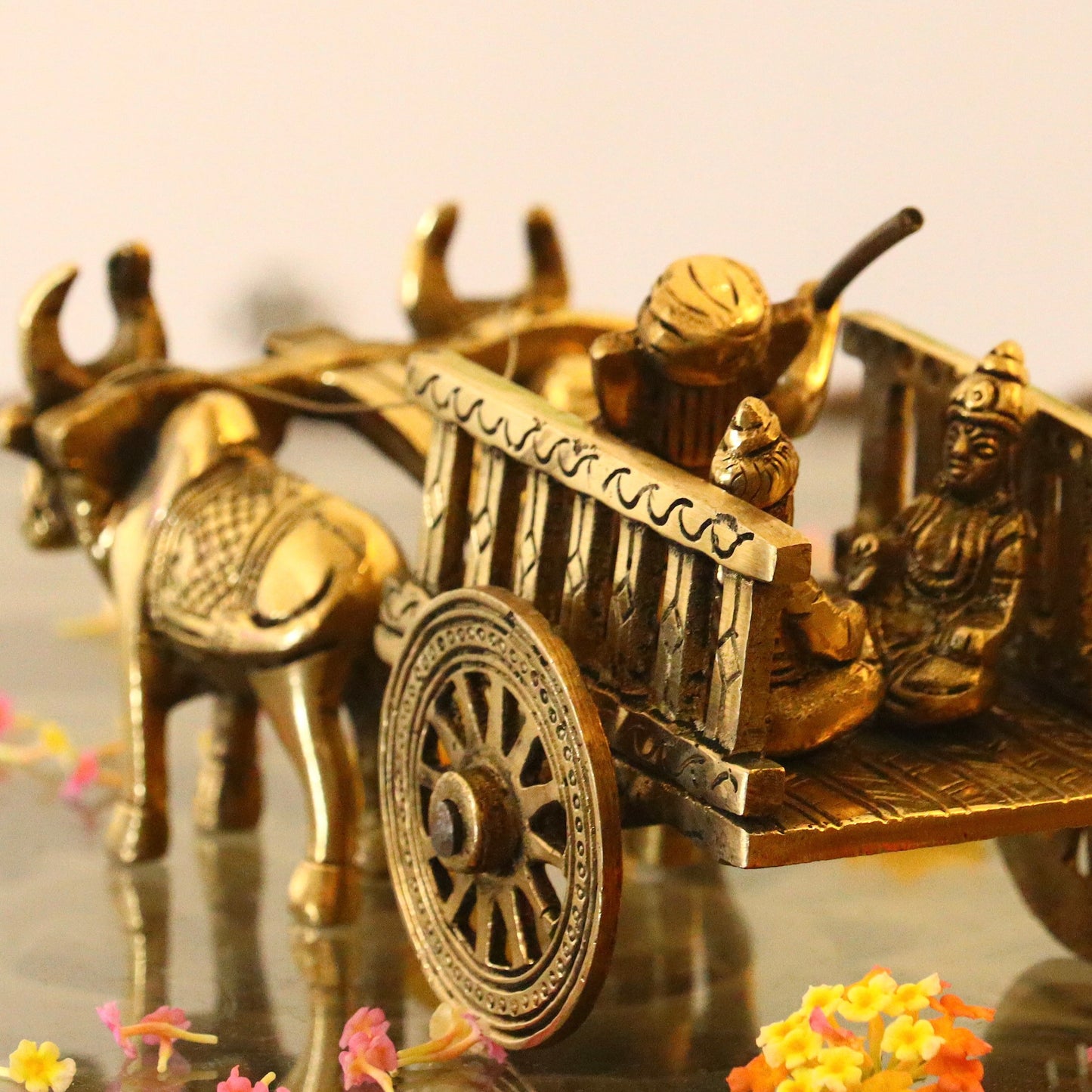 Brass Bullock Cart with Ganesha Figurine