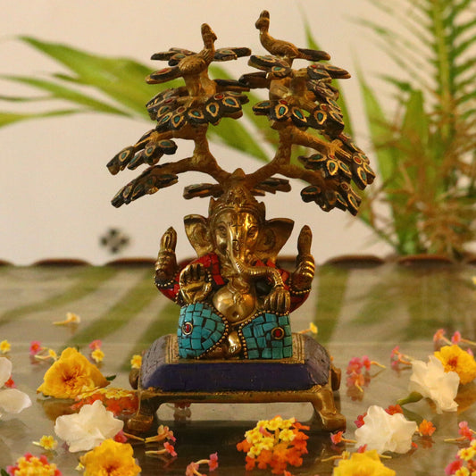 Brass Lord Ganesha with Meenakari Stonework Details