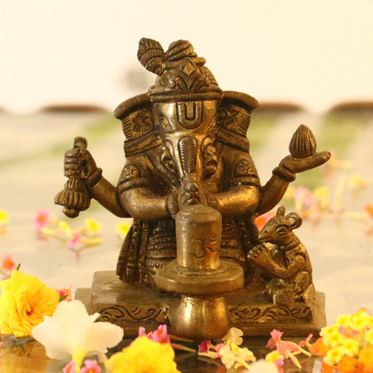 Brass Lord Ganesha Worshipping Shivling