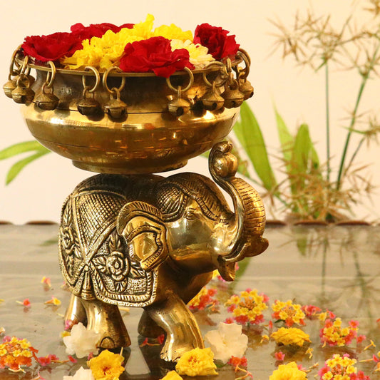 Brass Elephant Urli with Bells (Home Decor Bowl)