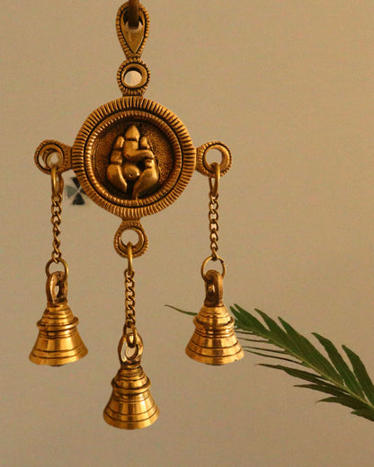Brass Ganesh Engraved Hanging Bell (Set of 2)