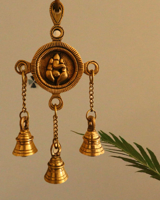 Brass Ganesh Engraved Hanging Bell (Set of 2)